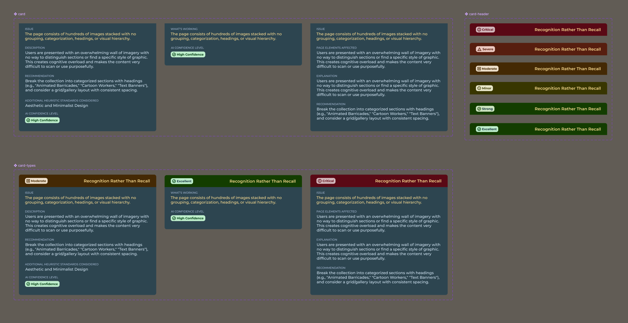 Figma card component, full header variant set, and three rendered card types