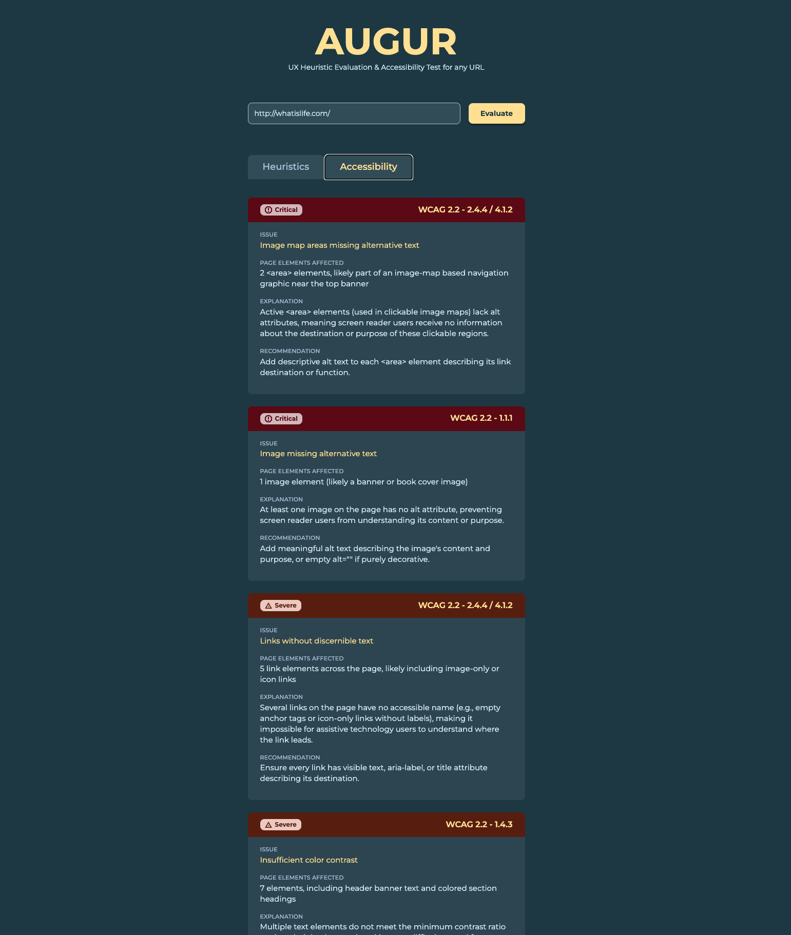 AUGUR Accessibility tab — WCAG 2.2 findings with citations