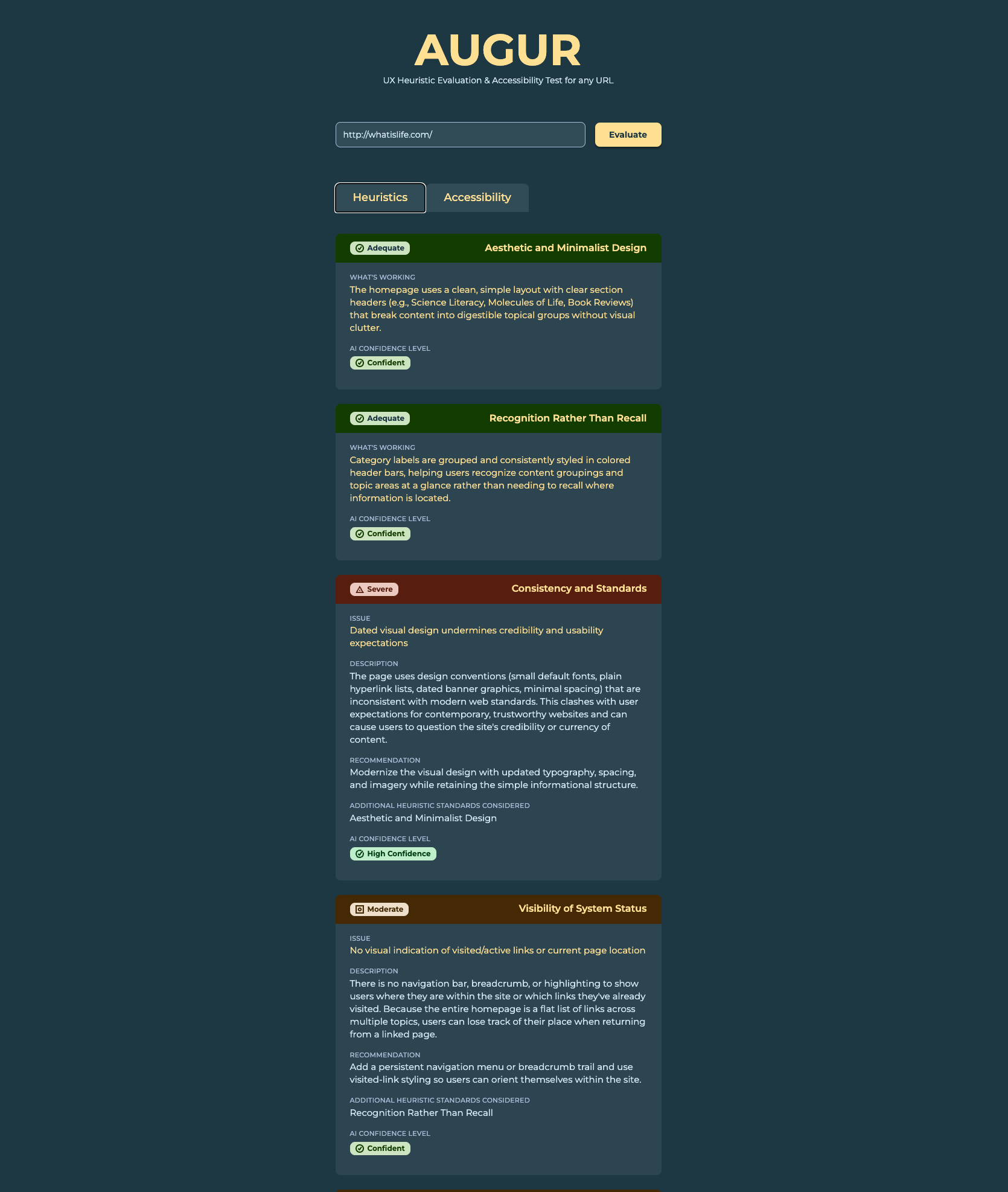 AUGUR Heuristics tab — full evaluation with working-well and issue cards