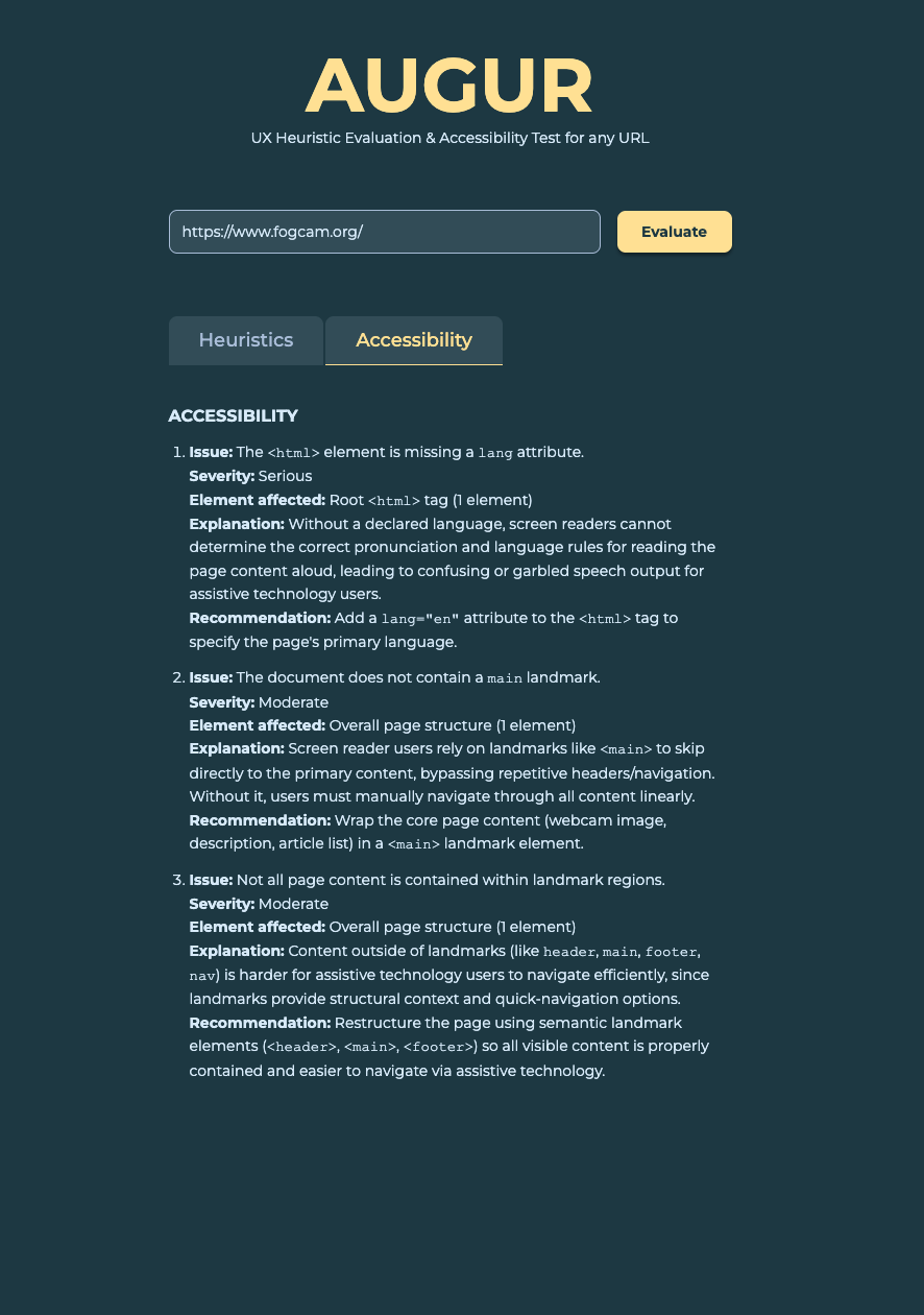 Accessibility card showing the unconverted 'Serious' severity label, before the normalization fix