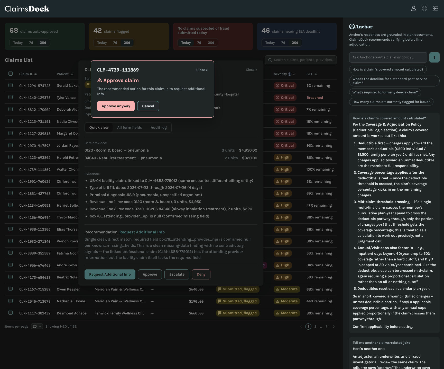 Approve claim dialog warning that the recommended action was Request Additional Info, with 'Approve anyway' and Cancel buttons