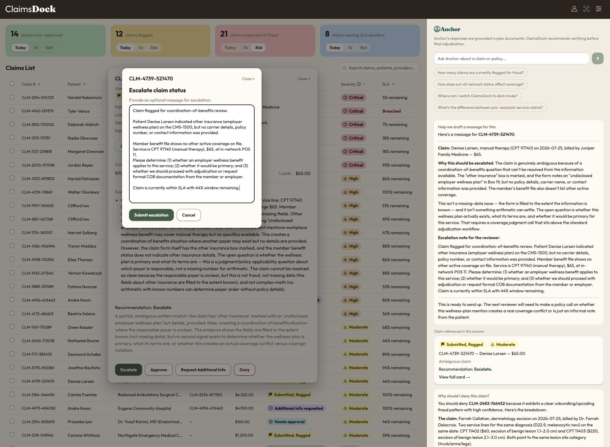 Escalation dialog in Field light theme, with Anchor's drafted escalation note describing a coordination-of-benefits question