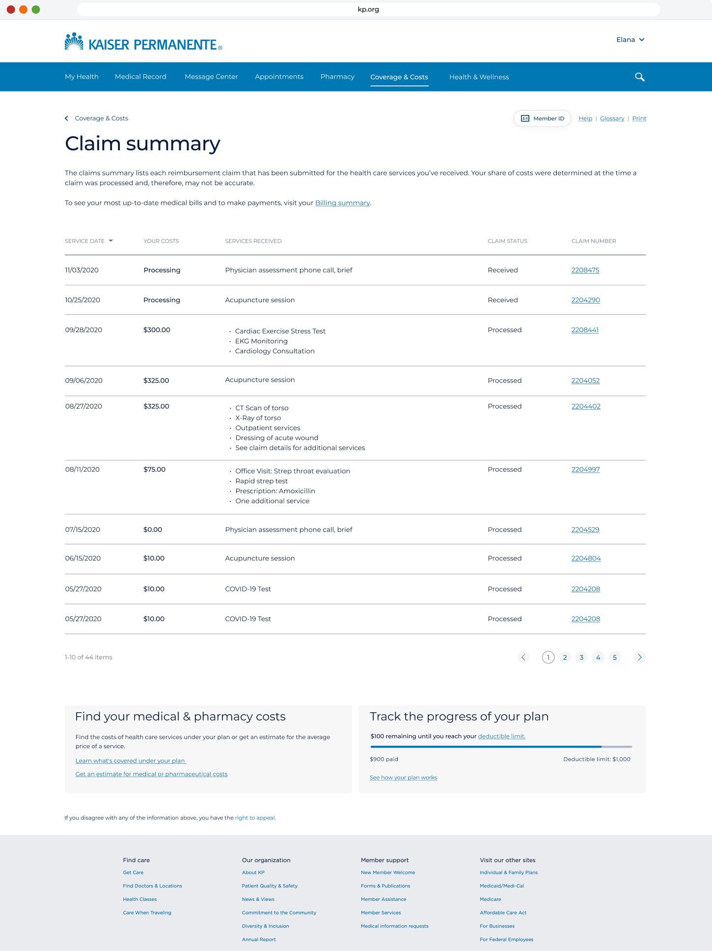Existing claims table with procedure codes