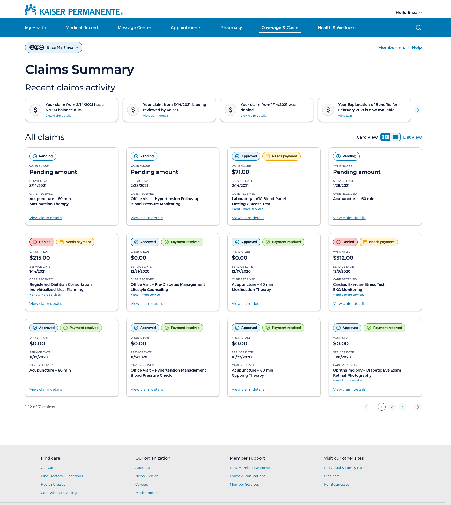 Claims list card view — desktop