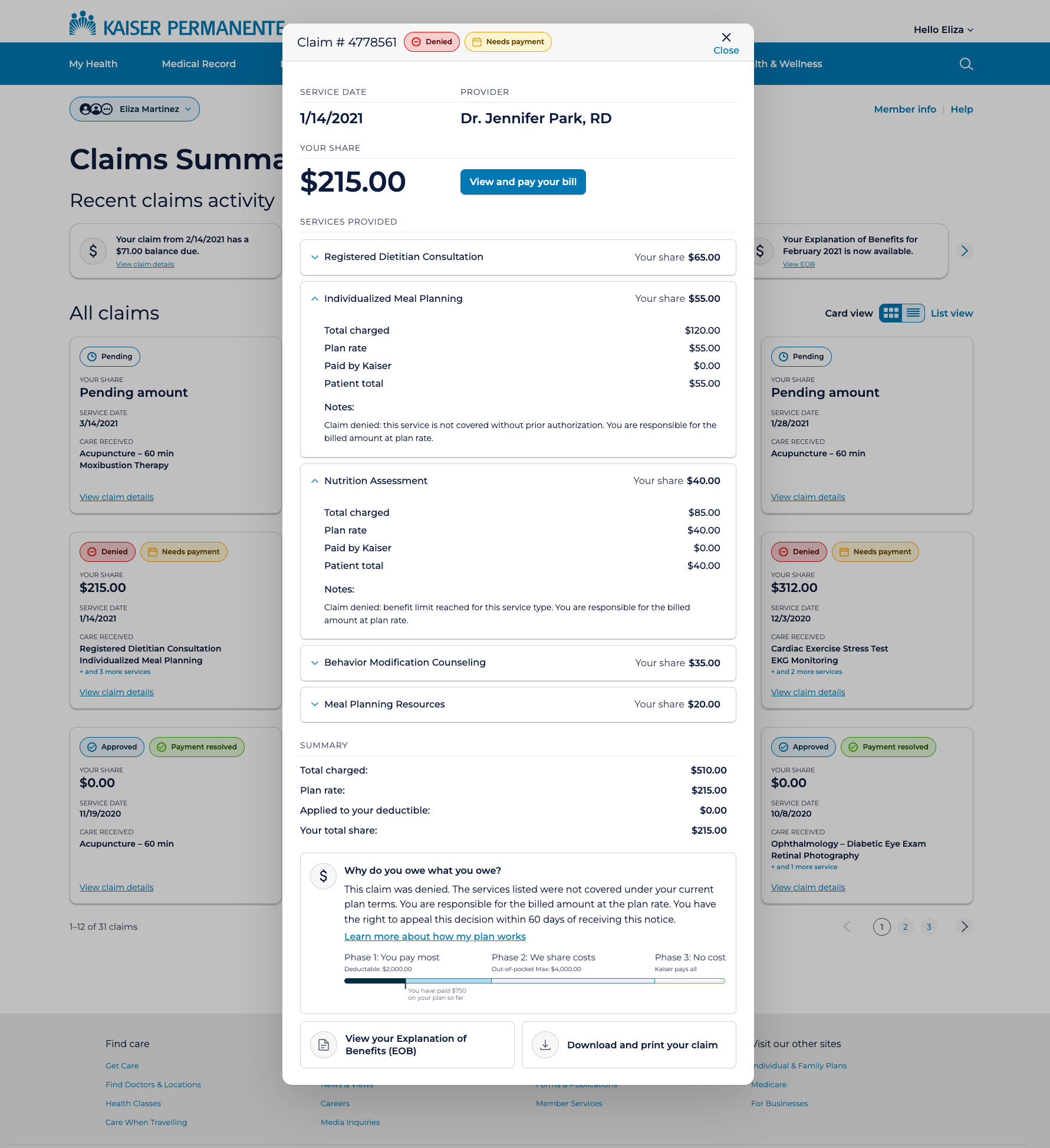 Claim detail overlay — approved claim with services expanded
