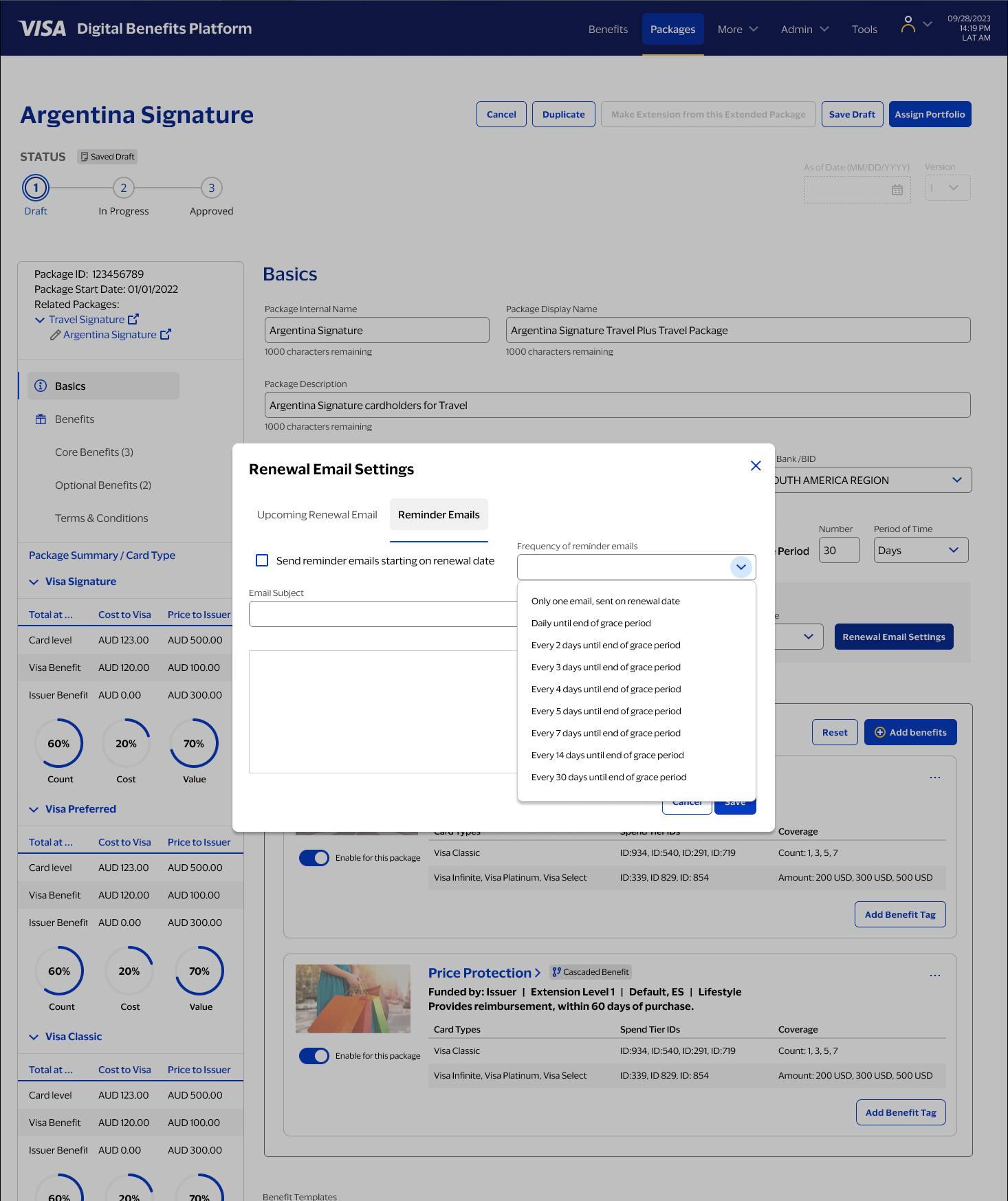 Renewal email settings modal
