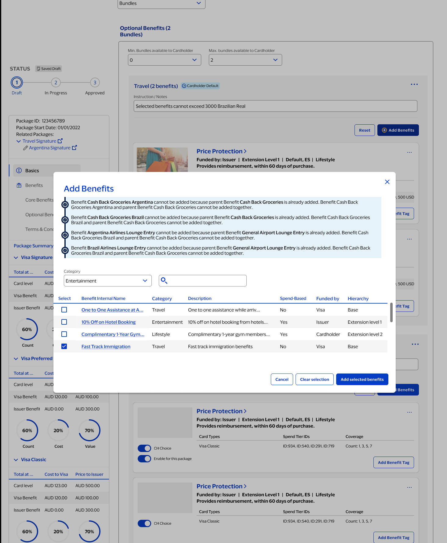 Add Benefits modal with conflict messaging